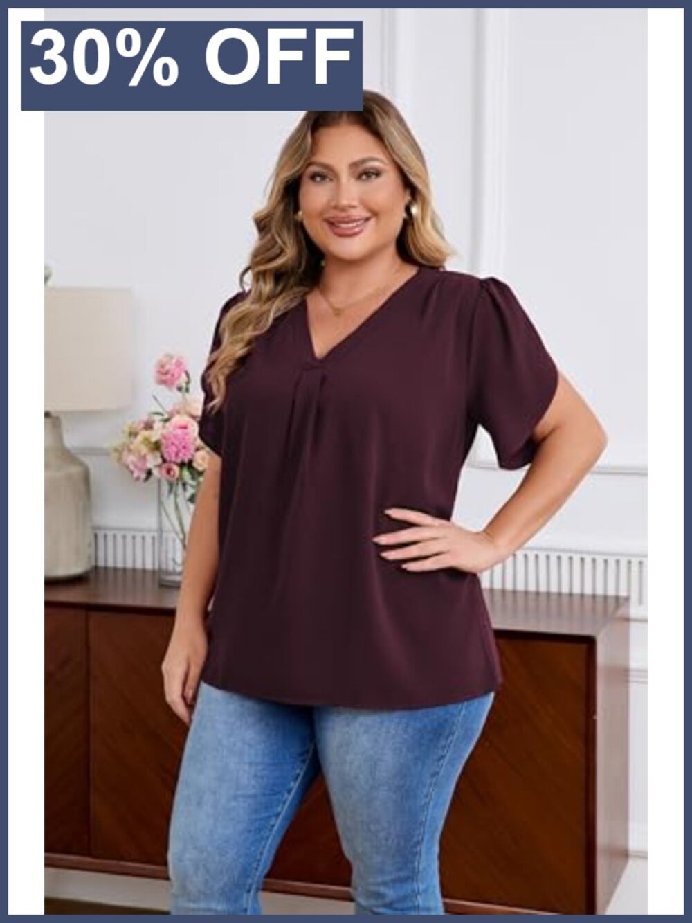 Plus Size V Neck Petal Sleeve Work Blouse Loose Fit Chiffon - Picture 2 of 5